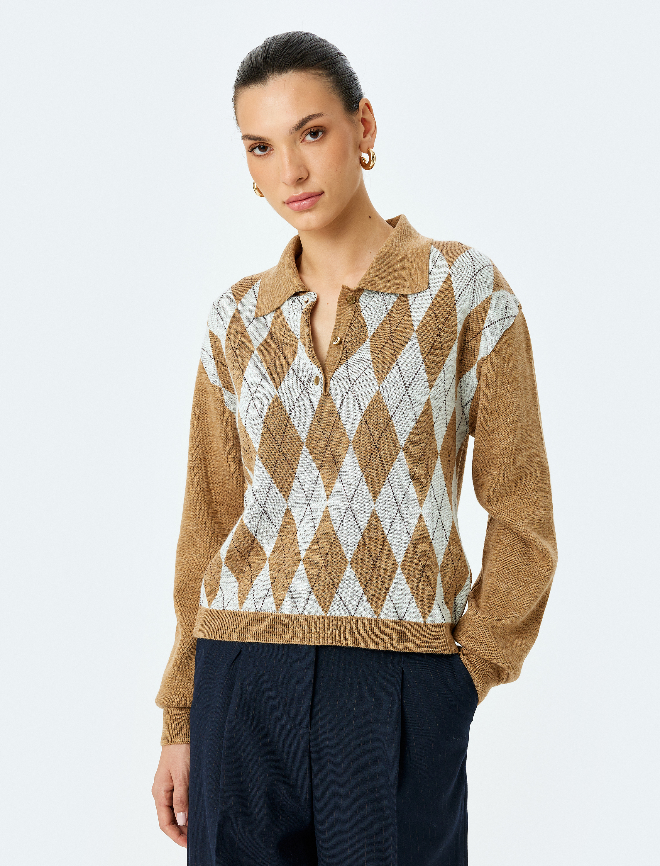   Düğmeli Baklava Desenli Polo Yaka Triko Kazak