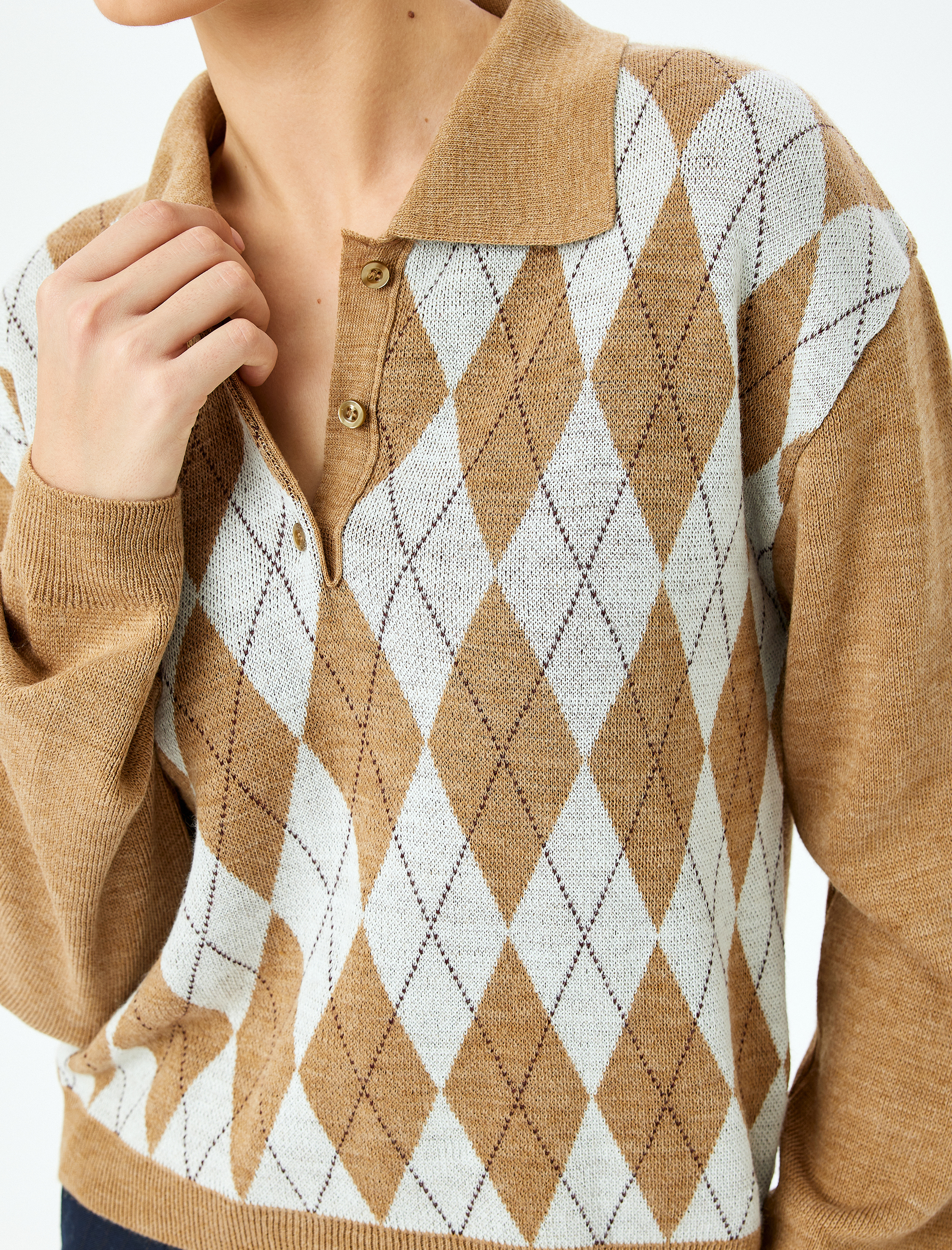   Düğmeli Baklava Desenli Polo Yaka Triko Kazak