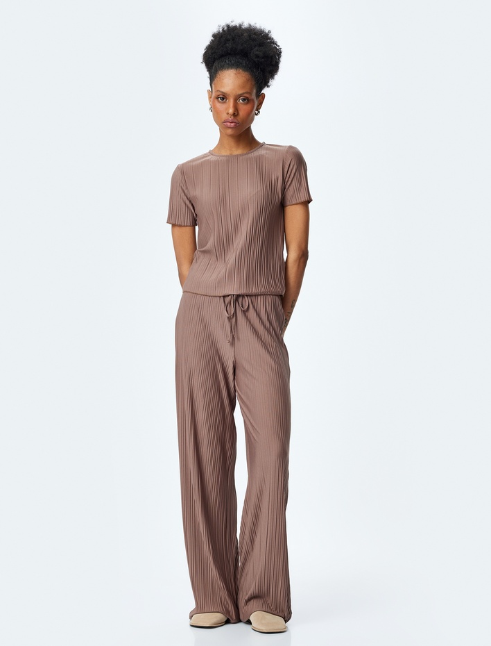  Beli Bağlamalı Rahat Kalıp Bol Paça Piliseli Pantolon