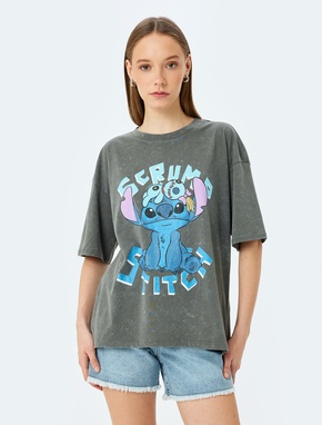 Stitch Lisanslı Baskılı Kısa Kollu Bisiklet Yaka Oversize Tişört_2