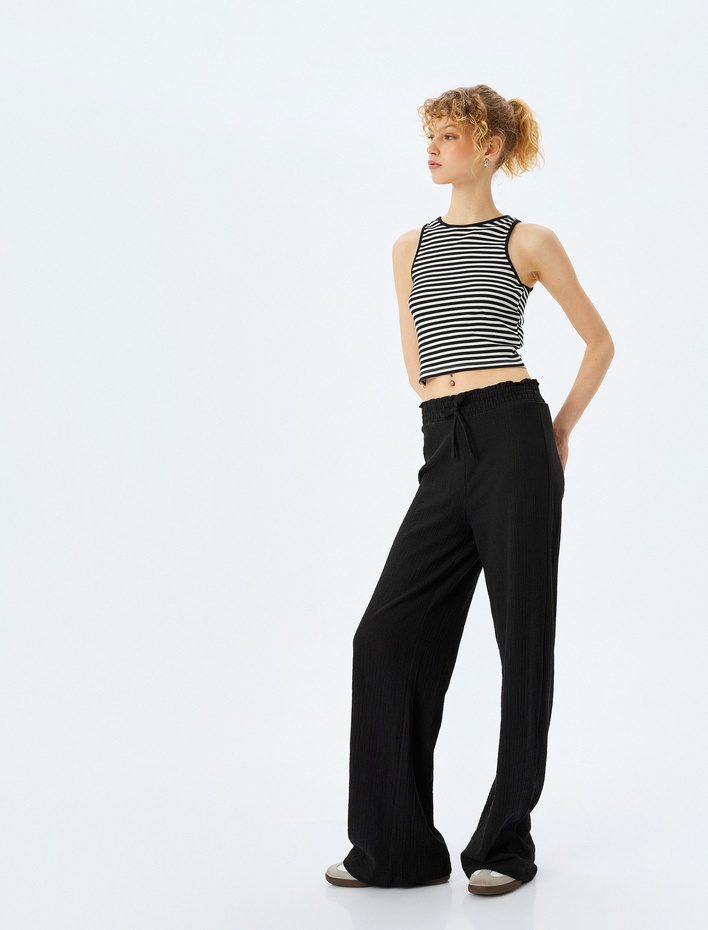  Gipeli Yüksek Bel Geniş Paça Bağcıklı Pantolon Bürümcük