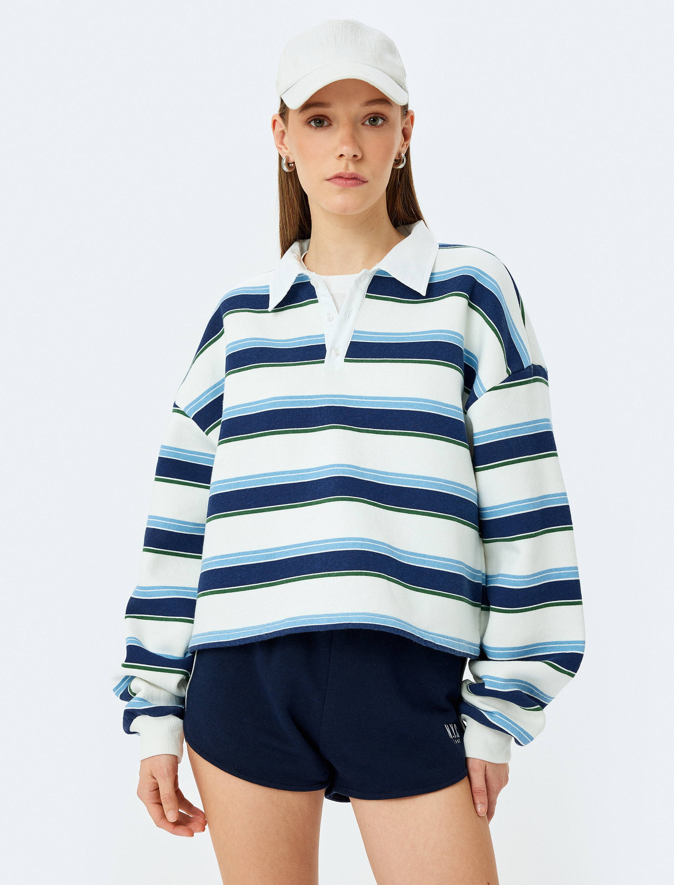   Şardonlu Oversize Polo Yaka Düğmeli Çizgili Sweatshirt