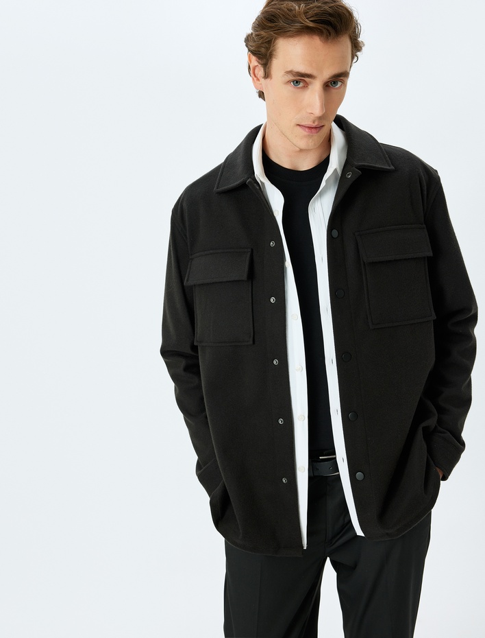  Kapaklı Cepli Çıtçıt Düğmeli Viskon Karışımlı Uzun Kollu Kaşe Ceket