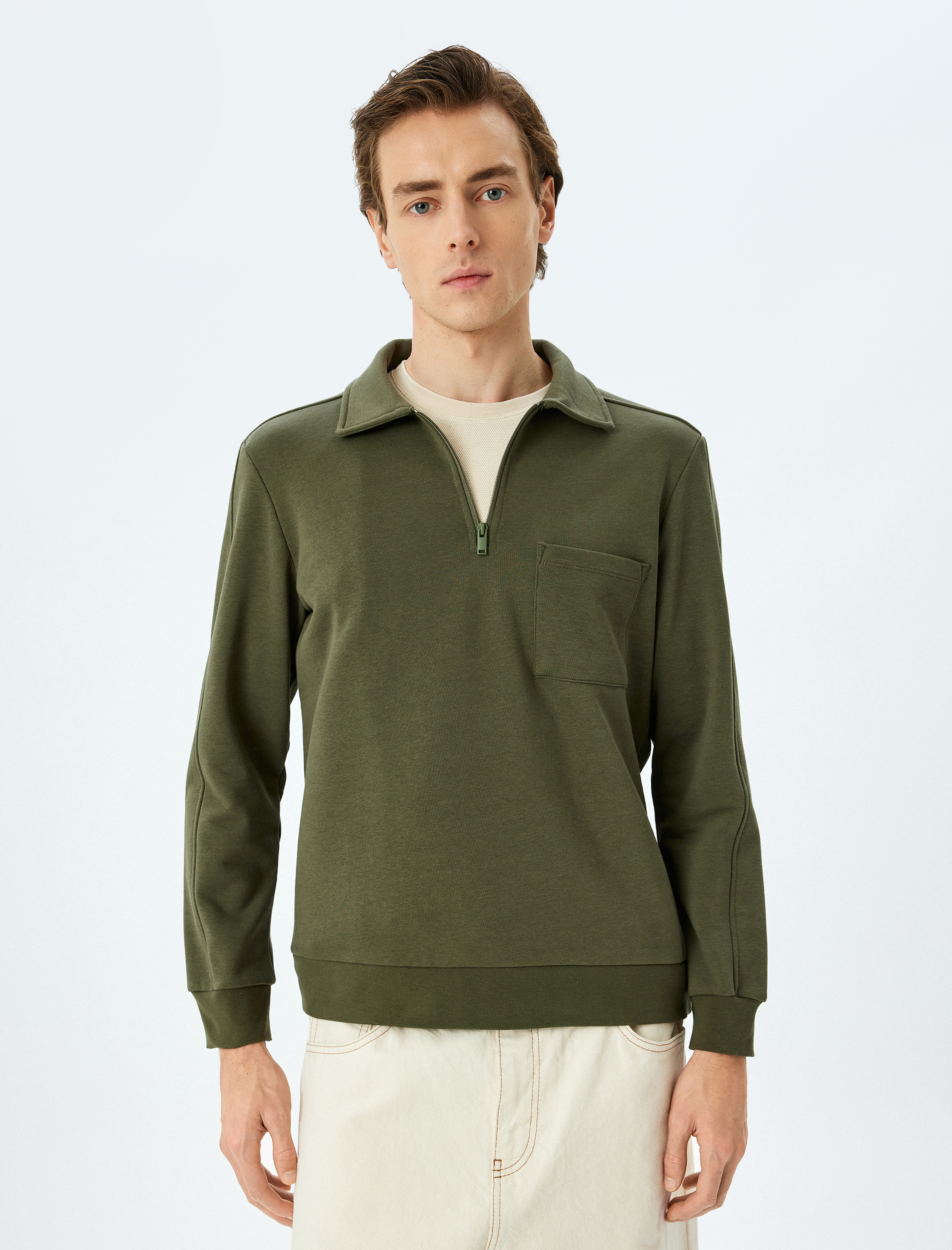   Uzun Kollu Cep Detaylı Basic Şardonlu Yarım Fermuarlı Polo Yaka Sweatshirt