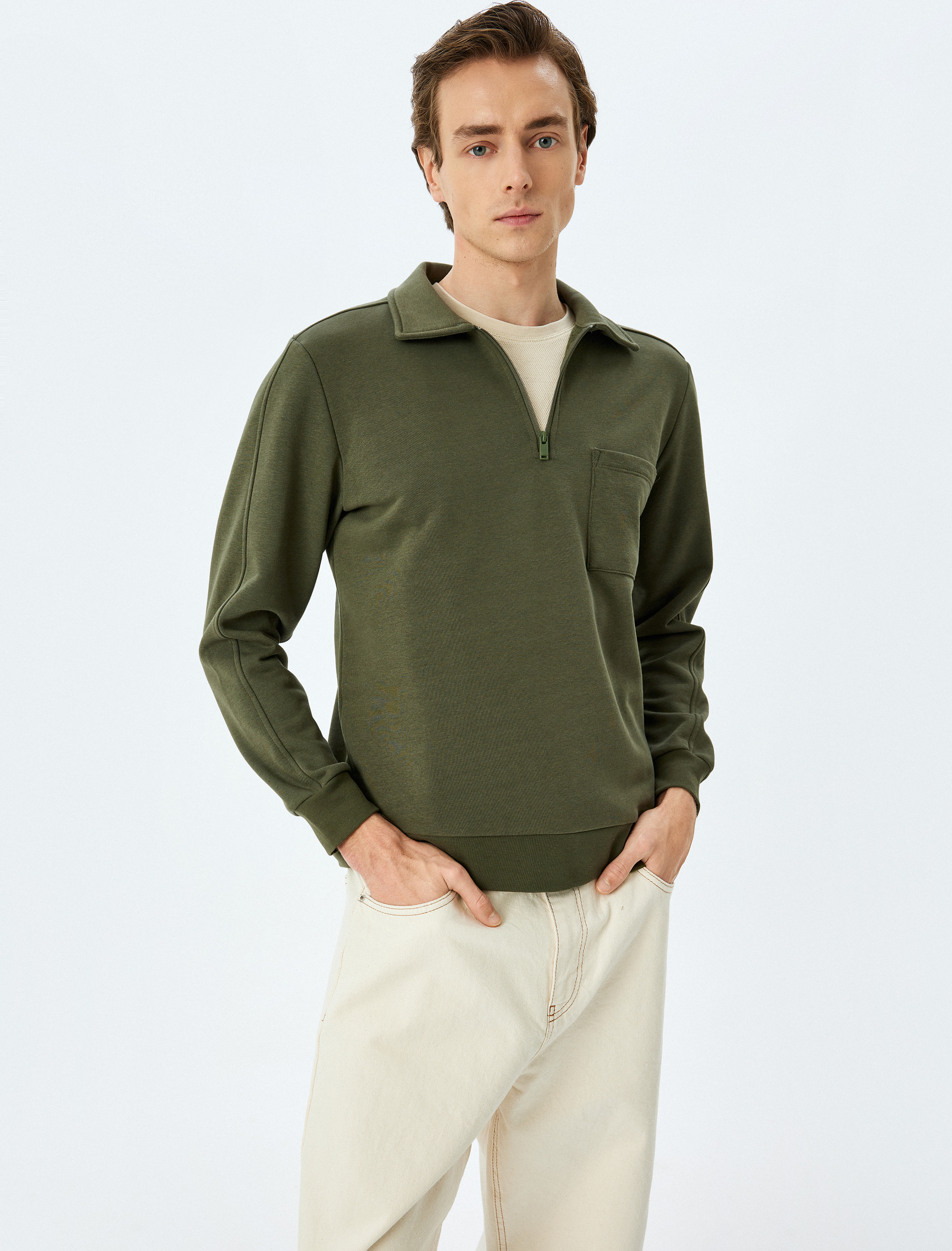   Uzun Kollu Cep Detaylı Basic Şardonlu Yarım Fermuarlı Polo Yaka Sweatshirt