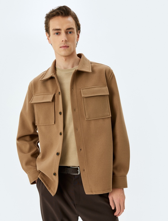  Kapaklı Cepli Düğmeli Uzun Kollu Regular Fit Kaşe Gömlek Ceket