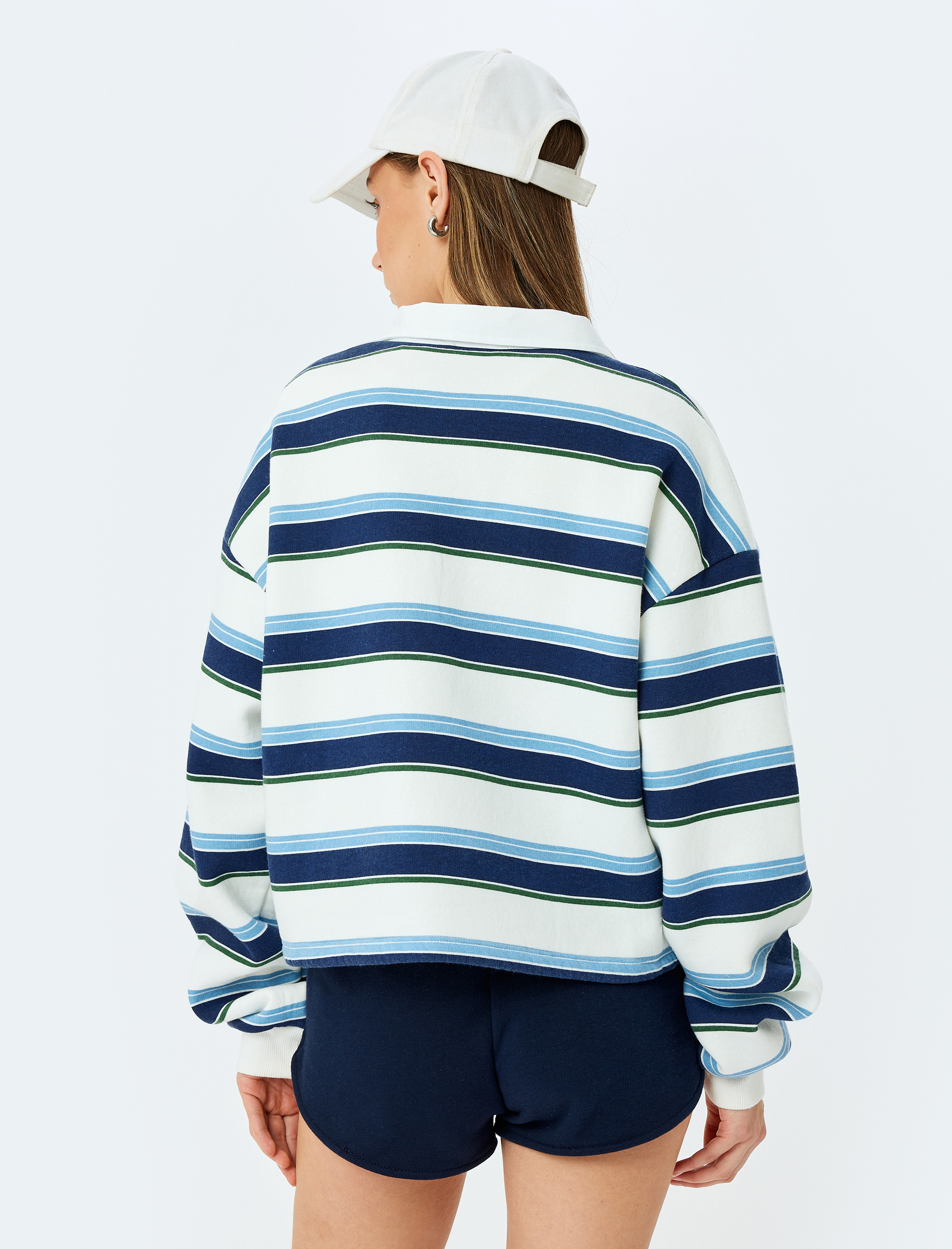   Şardonlu Oversize Polo Yaka Düğmeli Çizgili Sweatshirt