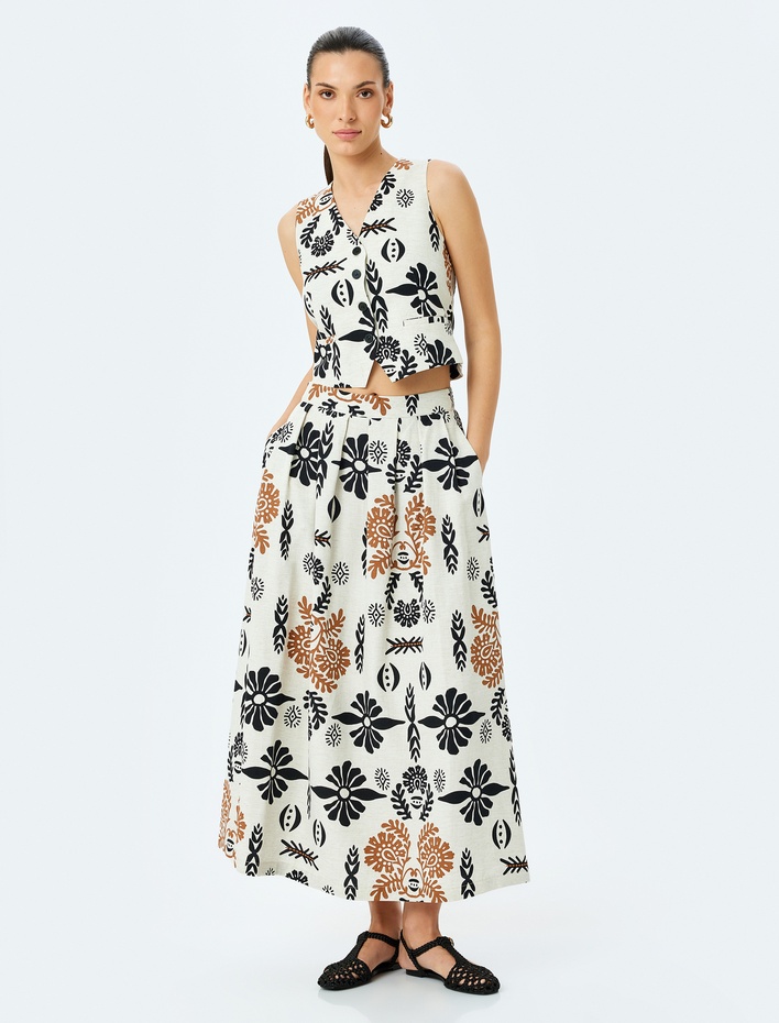  Keten Karışımlı Etnik Desenli Yüksek Bel Uzun Kloş Etek