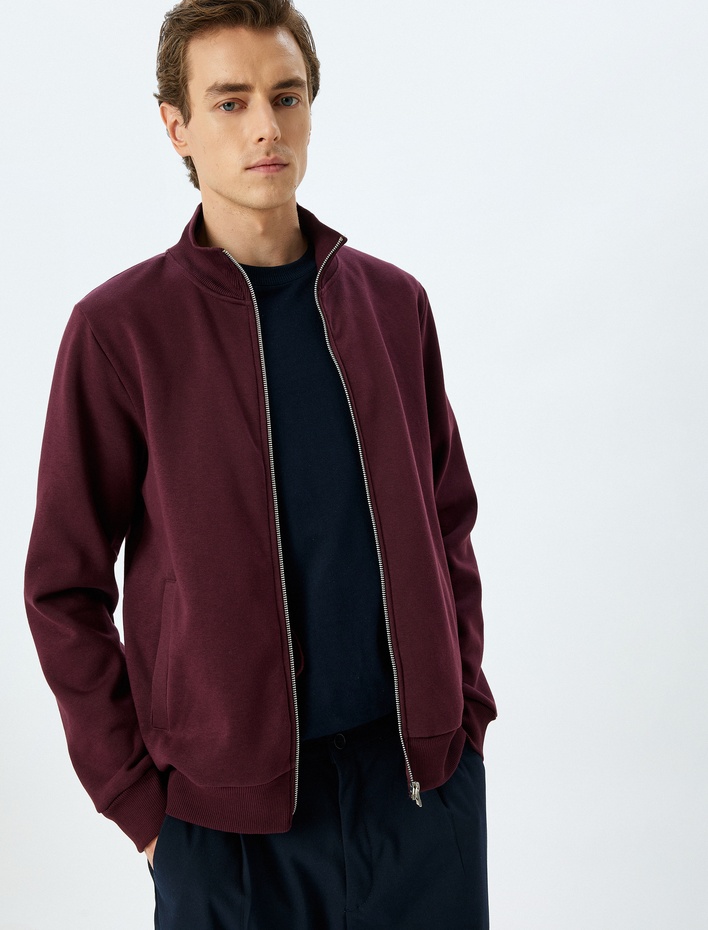  Fermuarlı Hırka Dik Yaka Basic Uzun Kollu Cep Detaylı Şardonlu Pamuk Karışımlı