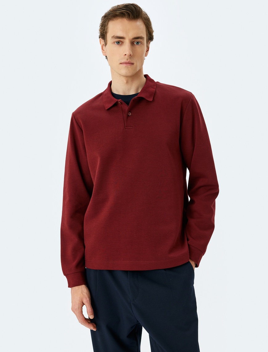   Polo Yaka Sweatshirt Basic Düğmeli Pamuklu İnterlok Kumaş