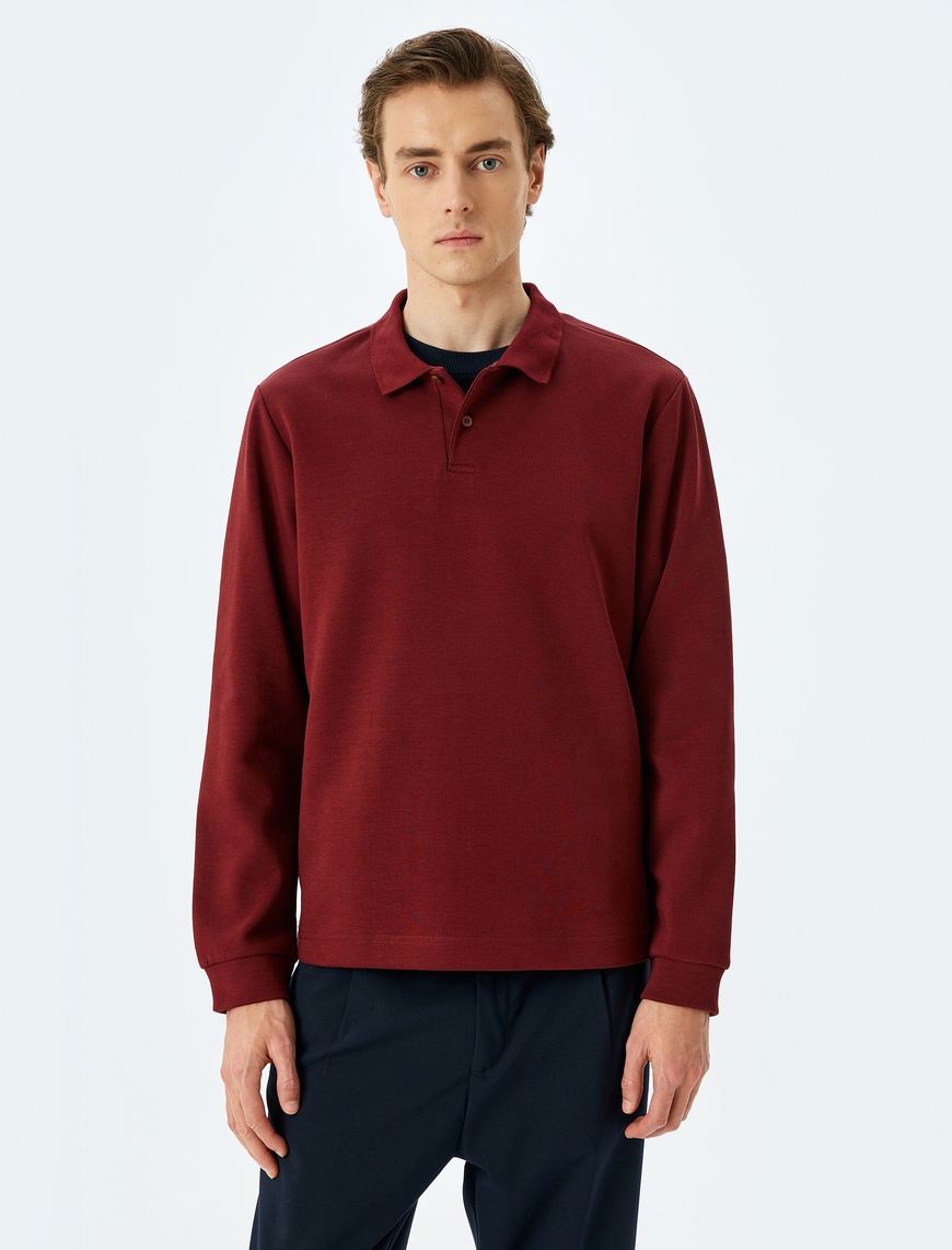   Polo Yaka Sweatshirt Basic Düğmeli Pamuklu İnterlok Kumaş