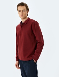 Polo Yaka Sweatshirt Basic Düğmeli Pamuklu İnterlok Kumaş