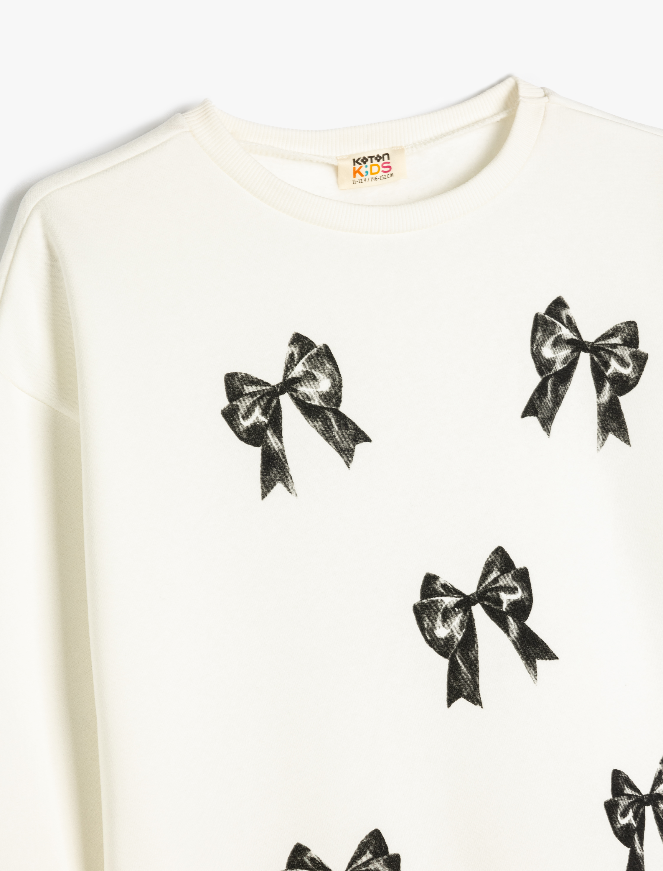  Kız Çocuk Fiyonk Desenli Uzun Kollu Bisiklet Yaka Şardonlu Sweatshirt