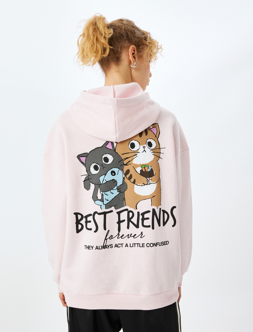   Şardonlu Arkası Baskılı Kedi Temalı Kapüşonlu Sweatshirt