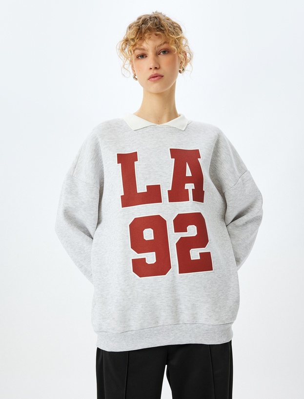 Oversize Kolej Baskılı Polo Yaka Sweatshirt_2