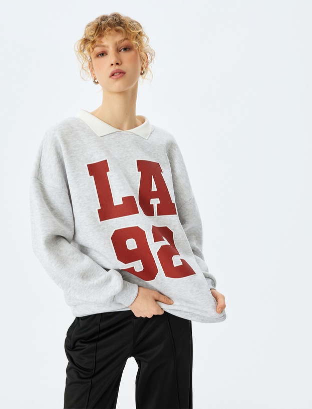 Oversize Kolej Baskılı Polo Yaka Sweatshirt_1