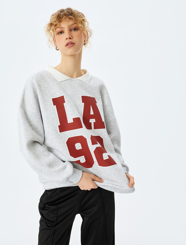  Şardonlu Oversize Kolej Baskılı Polo Yaka Sweatshirt