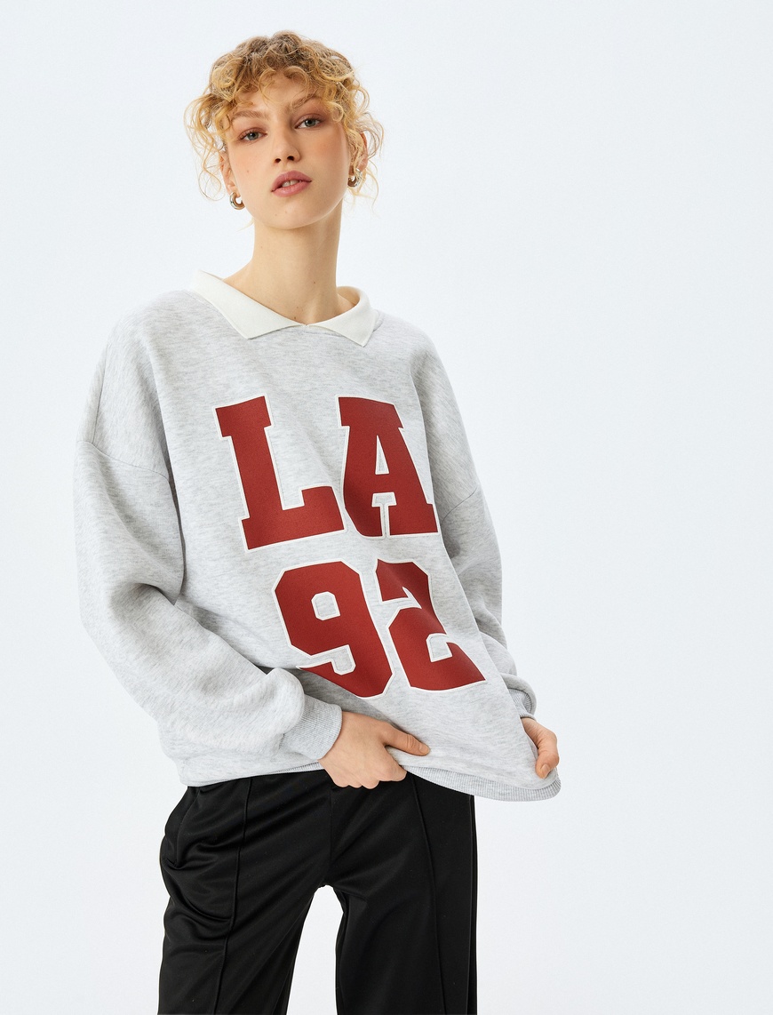   Şardonlu Oversize Kolej Baskılı Polo Yaka Sweatshirt