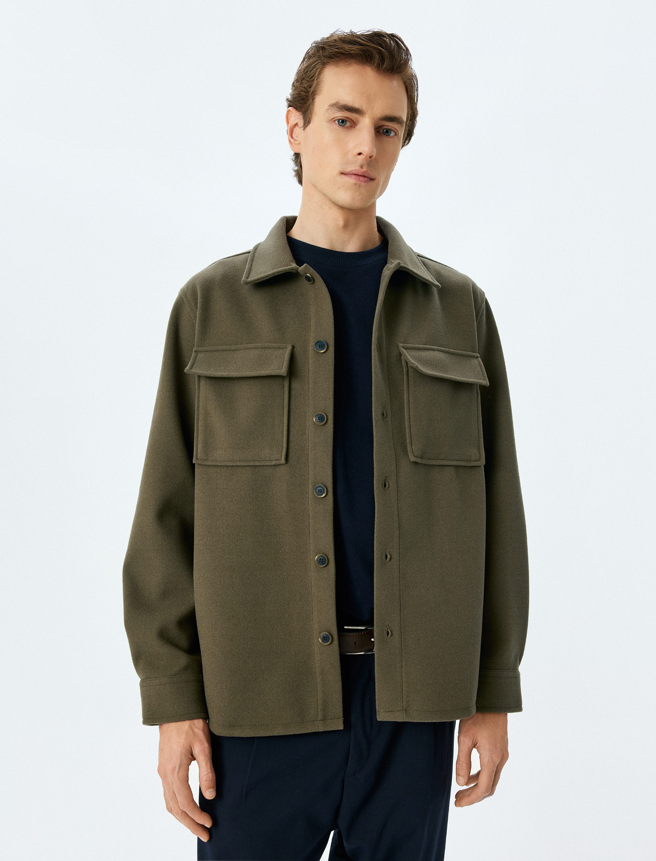   Kapaklı Cepli Düğmeli Uzun Kollu Regular Fit Kaşe Gömlek Ceket