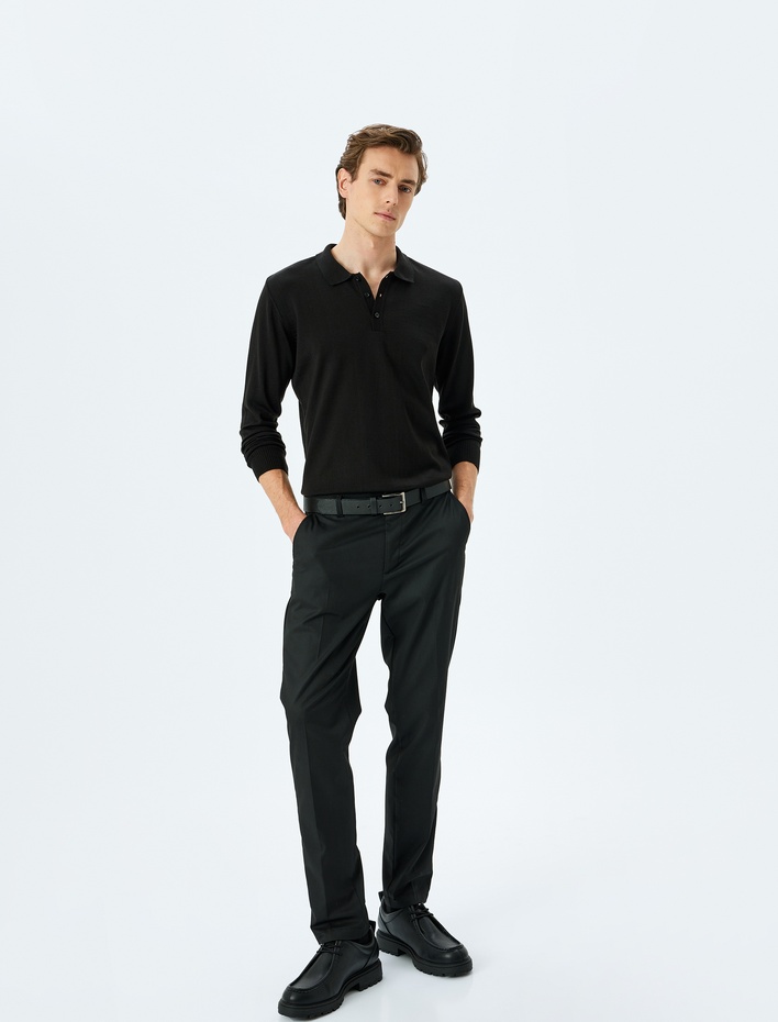  Polo Yaka Düğmeli Basic Uzun Kollu Triko Kazak