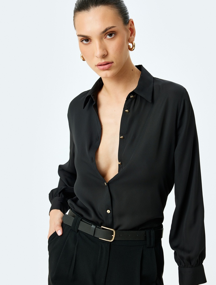  Düğmeli Klasik Yaka Uzun Kollu Krep Gömlek