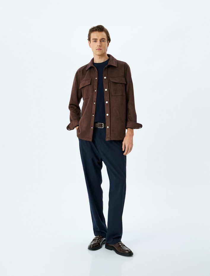  Kapaklı Cep Detaylı Regular Fit Suni Süet Gömlek Ceket