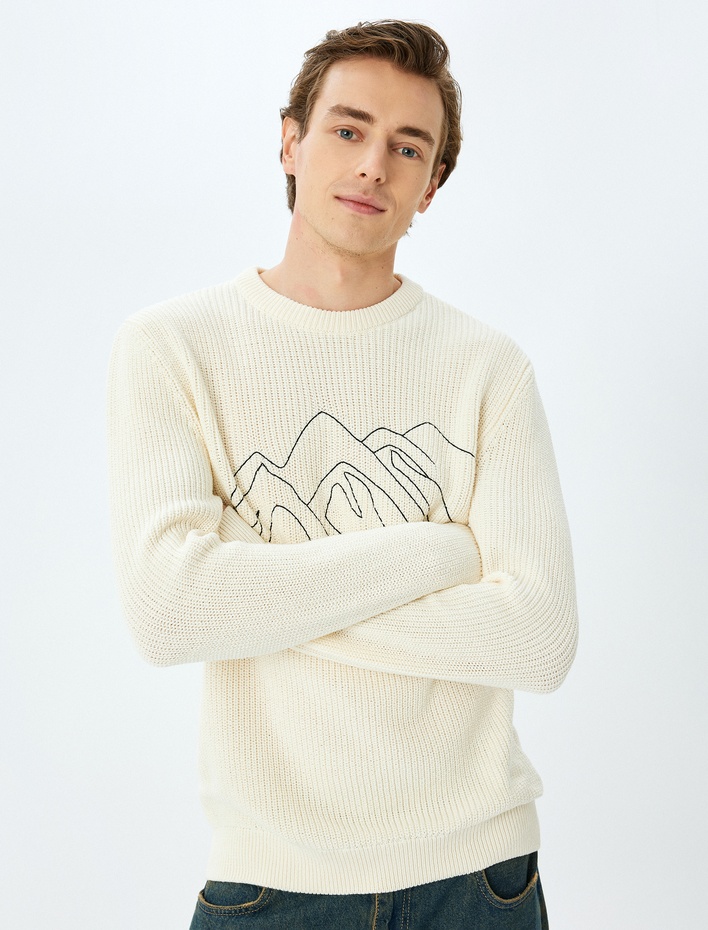  Bisiklet Yaka Uzun Kollu Pamuk Karışımlı İşlemeli Kışlık Triko Kazak