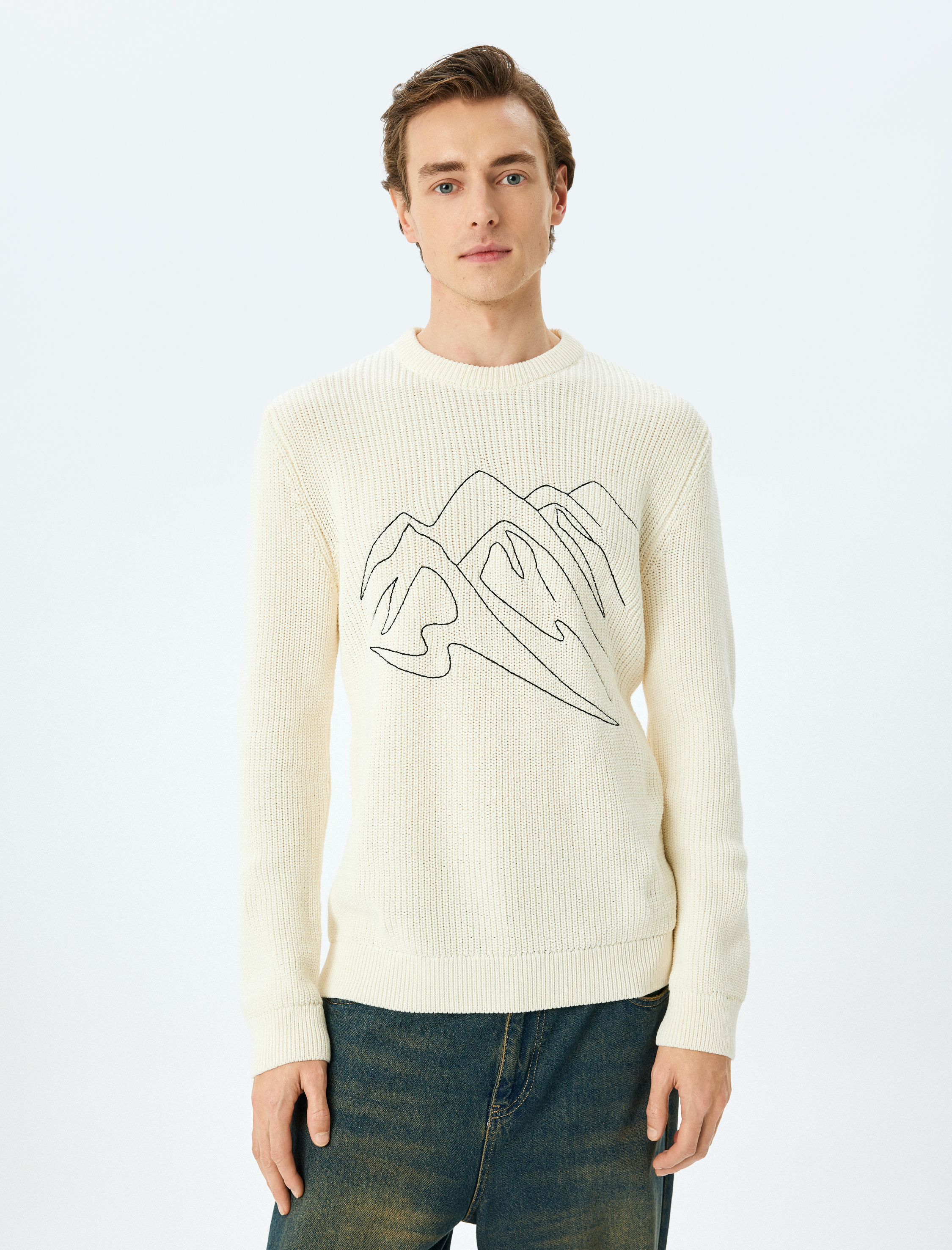   Bisiklet Yaka Uzun Kollu Pamuk Karışımlı İşlemeli Kışlık Triko Kazak