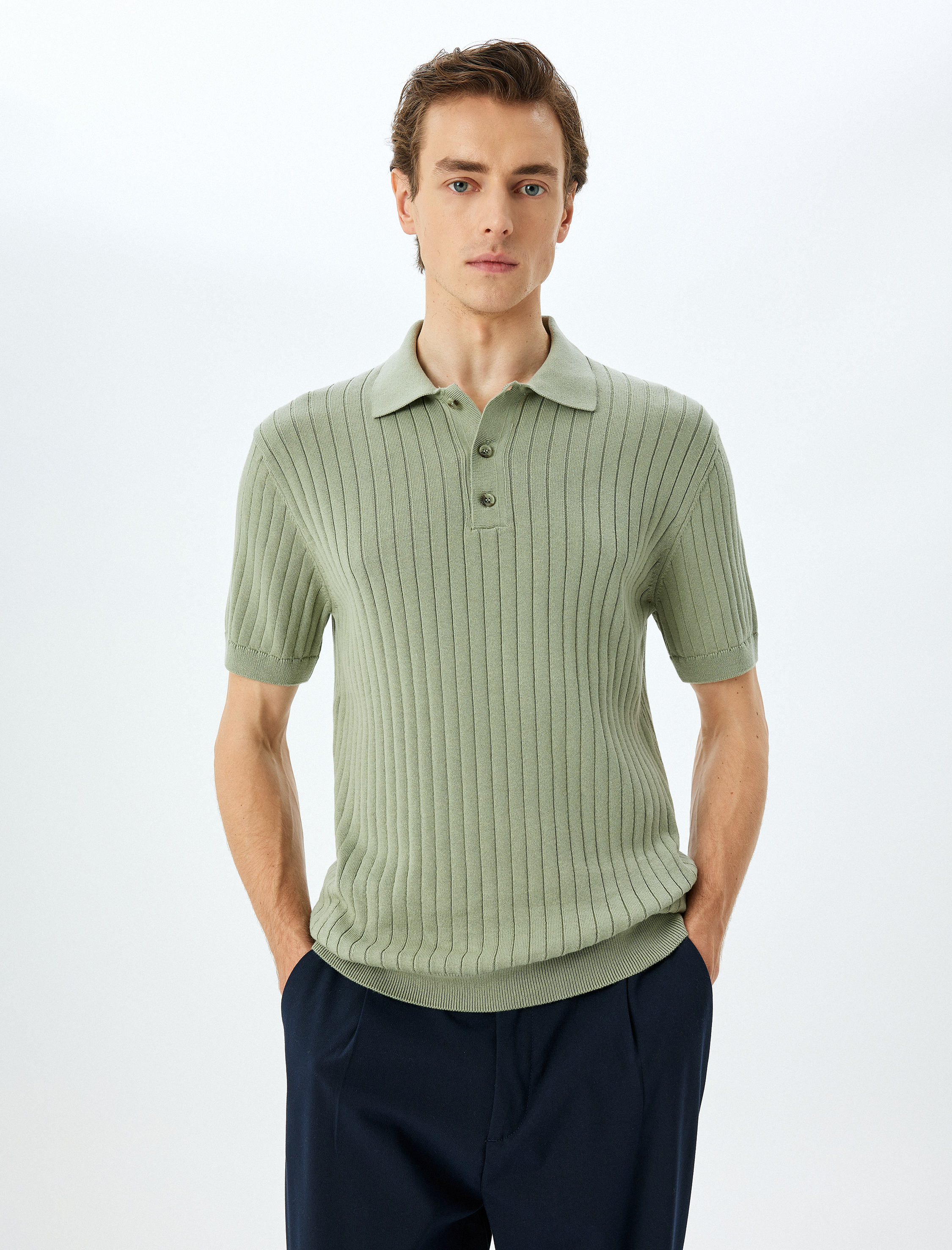   Polo Yaka Pamuklu Dokulu Kısa Kollu Triko Tişört