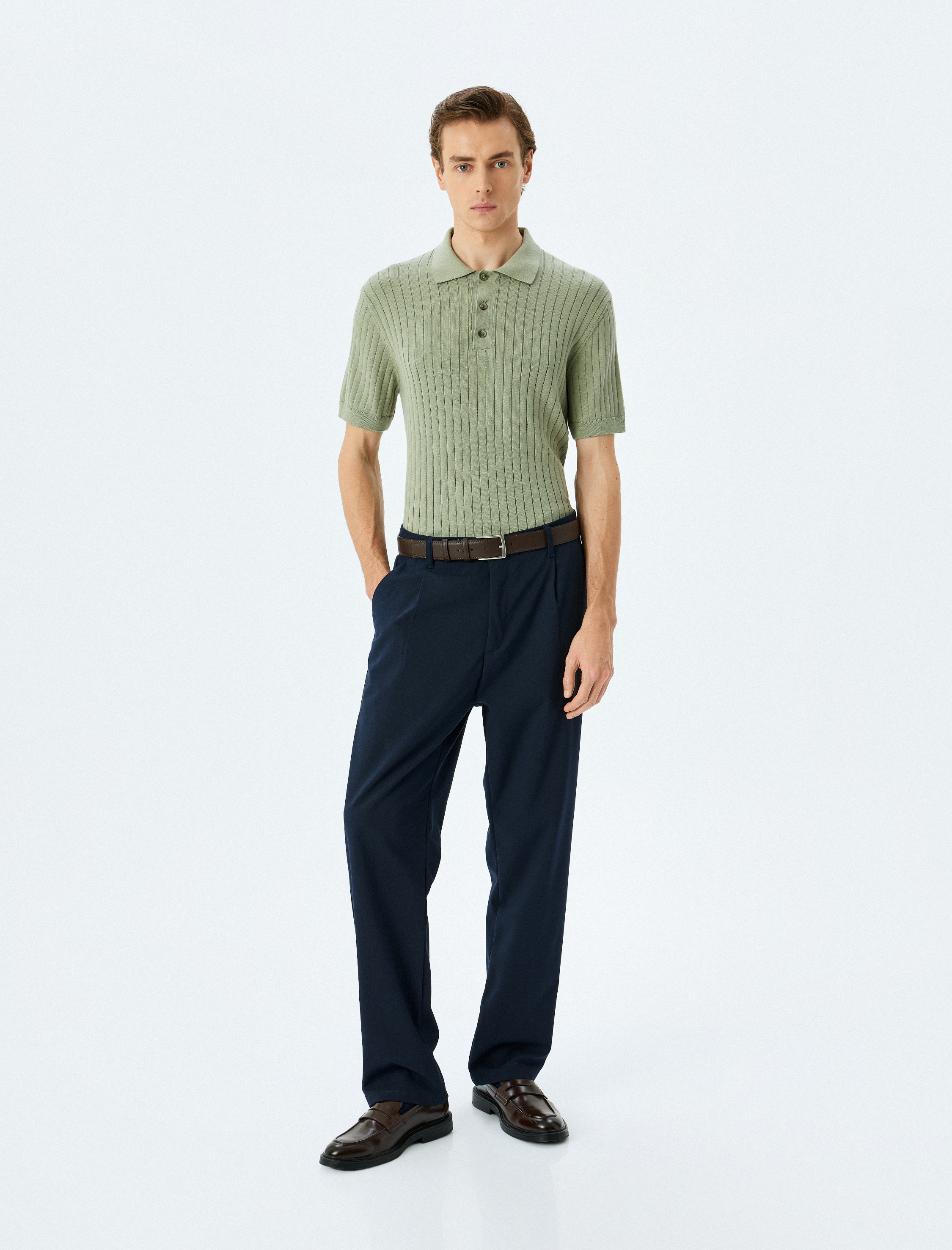   Polo Yaka Pamuklu Dokulu Kısa Kollu Triko Tişört