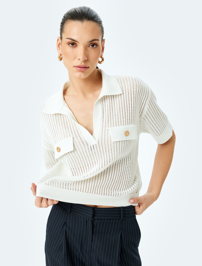  Aplike Detaylı Düğmeli Kısa Kollu Ajurlu Polo Yaka Kroşe Kazak