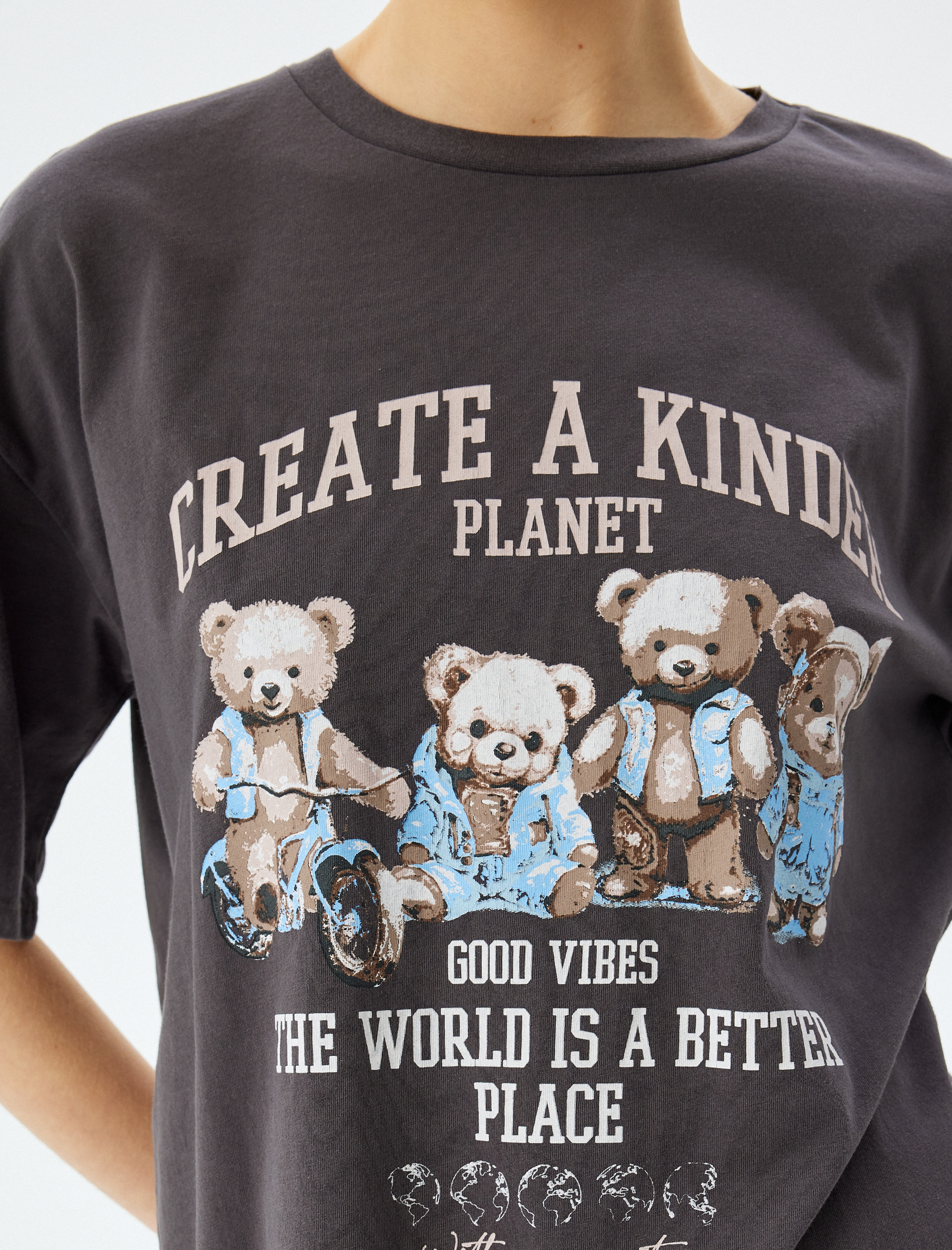 Siyah Slogan Baskılı Kısa Kollu Oversize Bisiklet Yaka Tişört