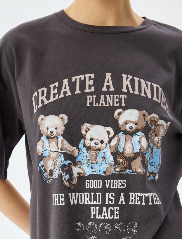 Slogan Baskılı Kısa Kollu Oversize Bisiklet Yaka Tişört_4
