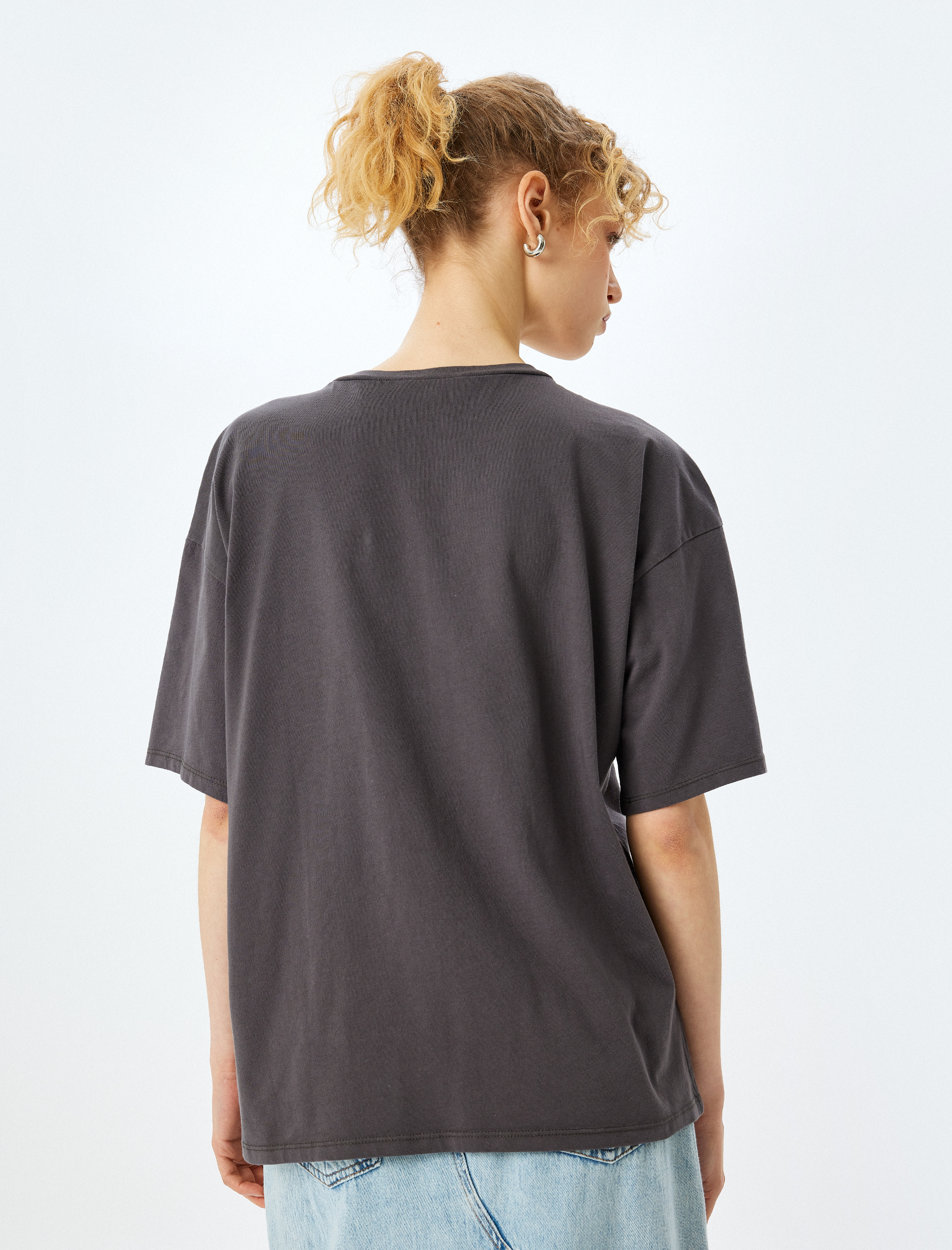 Siyah Slogan Baskılı Kısa Kollu Oversize Bisiklet Yaka Tişört