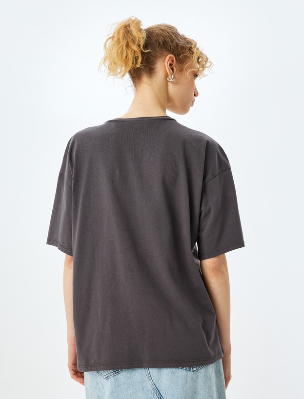 Slogan Baskılı Kısa Kollu Oversize Bisiklet Yaka Tişört_3