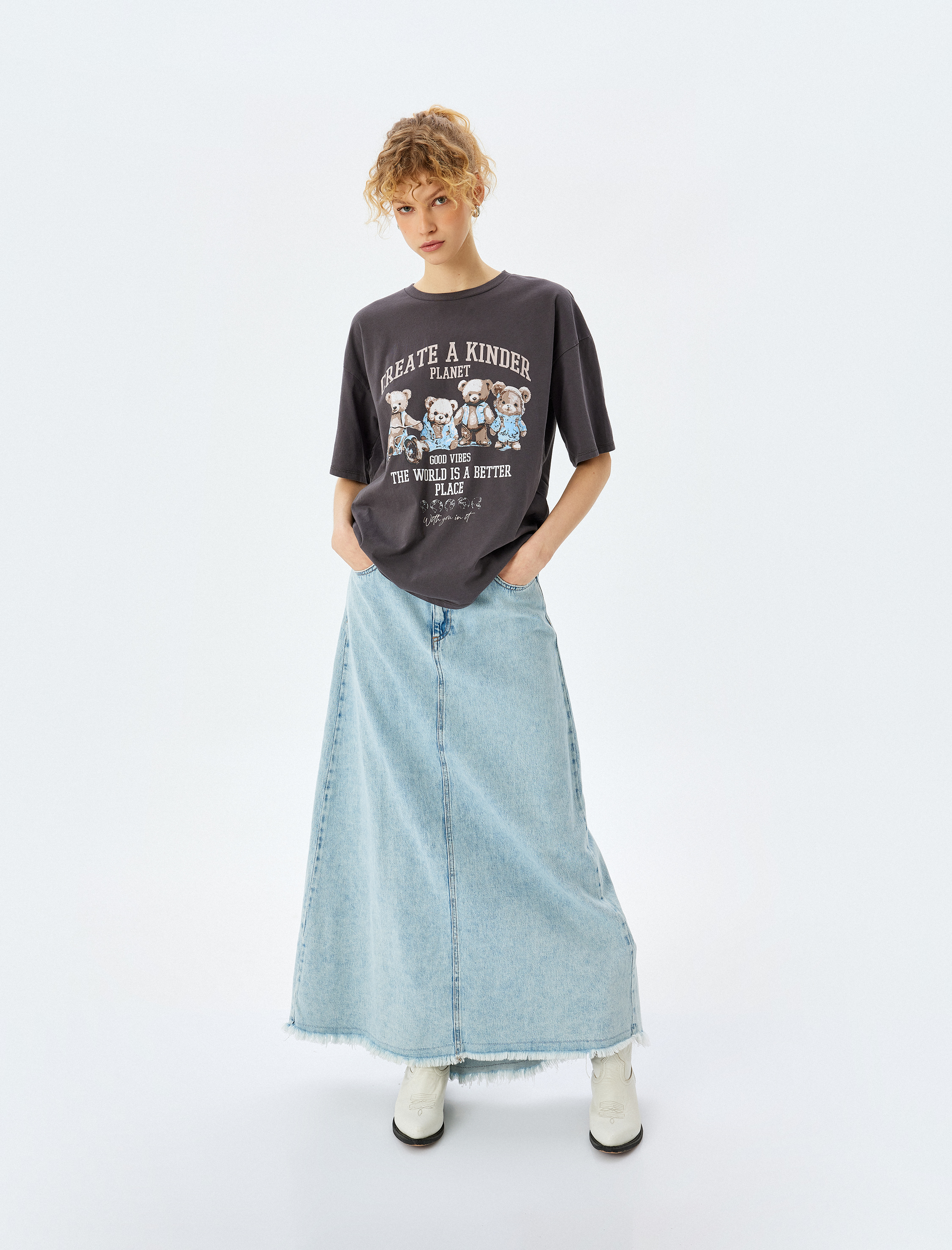 Siyah Slogan Baskılı Kısa Kollu Oversize Bisiklet Yaka Tişört