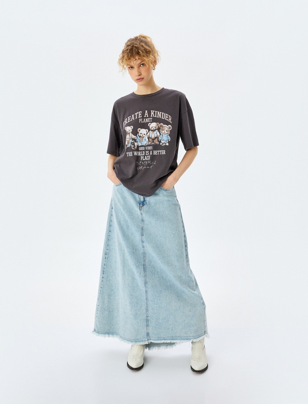 Slogan Baskılı Kısa Kollu Oversize Bisiklet Yaka Tişört_1