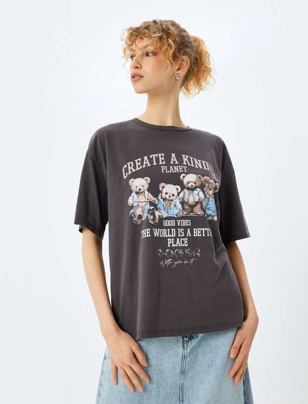 Slogan Baskılı Kısa Kollu Oversize Bisiklet Yaka Tişört_2