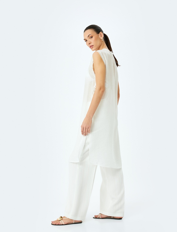  Kolsuz Bisiklet Yaka Yarı Transparan Uzun Viskon Tunik