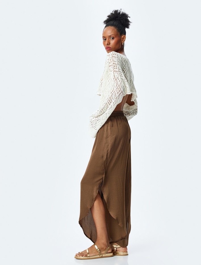  Yırtmaç Detaylı Asimetrik Saten Şalvar Pantolon