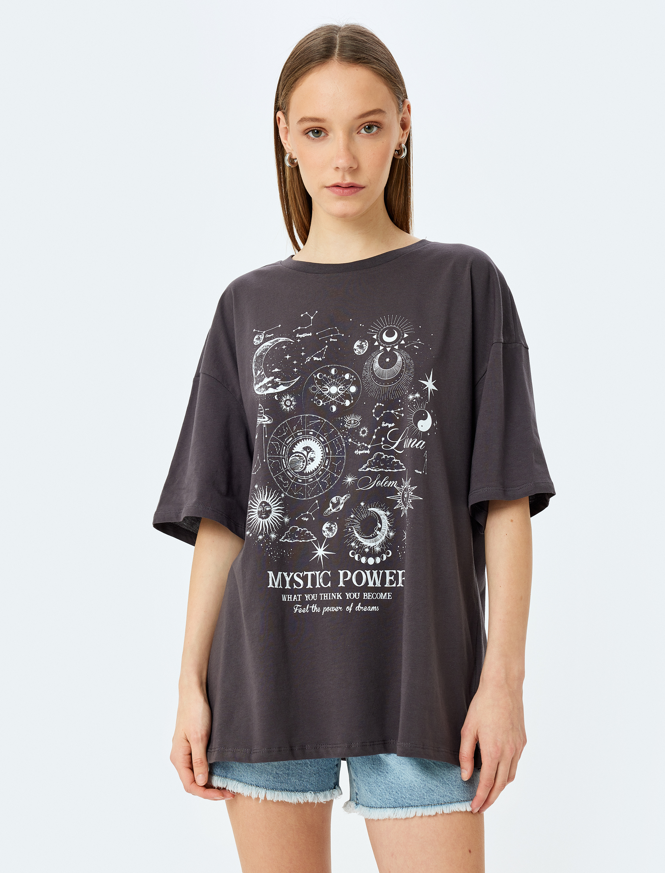   Mistik Baskılı Bisiklet Yaka Kısa Kollu Oversize Tişört