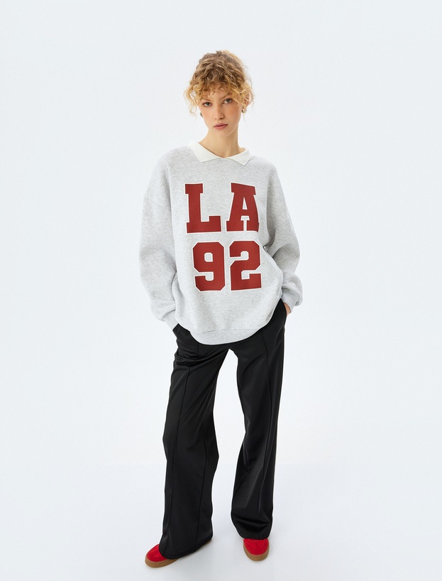Oversize Kolej Baskılı Polo Yaka Sweatshirt_0