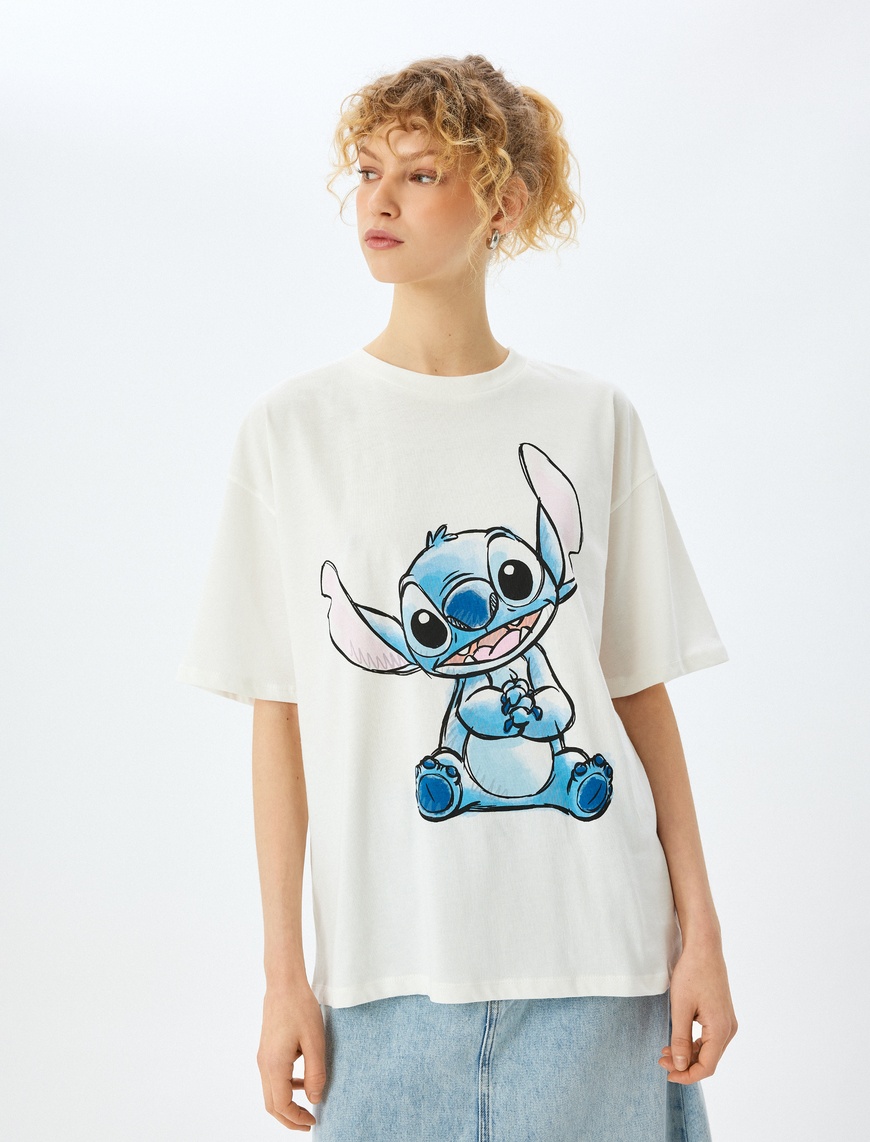   Stitch Lisanslı Baskılı Oversize Kısa Kollu Tişört