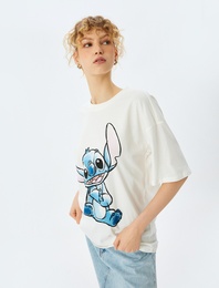 Stitch Lisanslı Baskılı Oversize Kısa Kollu Tişört