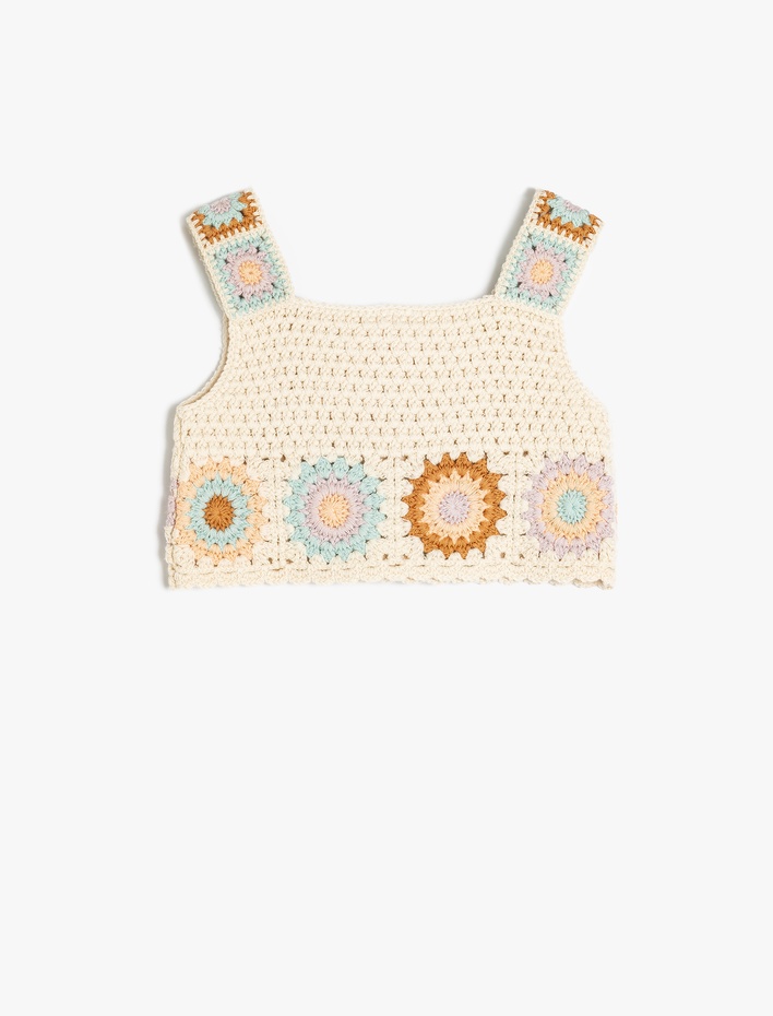 Kız Bebek Kare Yaka Örgü Detaylı Pamuklu Askılı Crop Triko Atlet