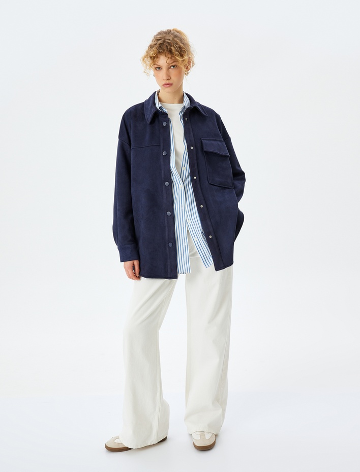  Cep Detaylı Oversize Süet Görünümlü Gömlek Ceket