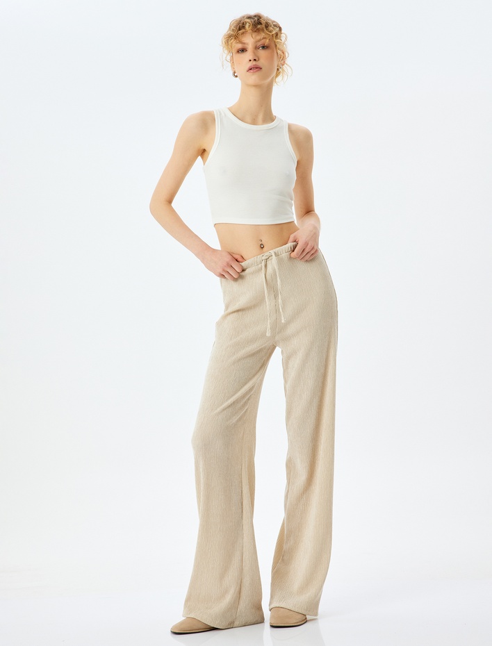  Beli Bağcıklı Rahat Kalıp Geniş Paça Pantolon Bürümcük