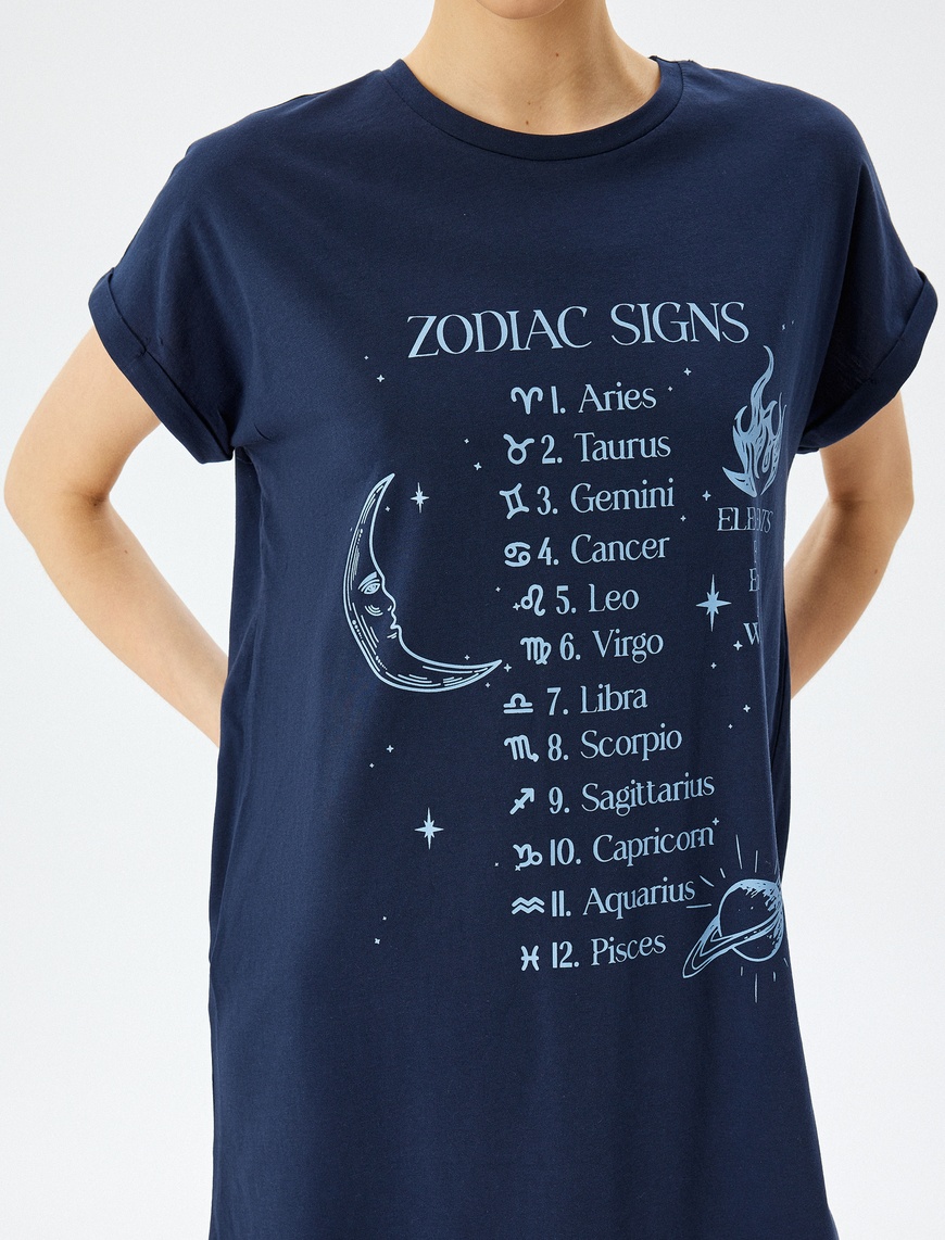   Zodiac Baskılı Pamuklu Kısa Kollu Gecelik