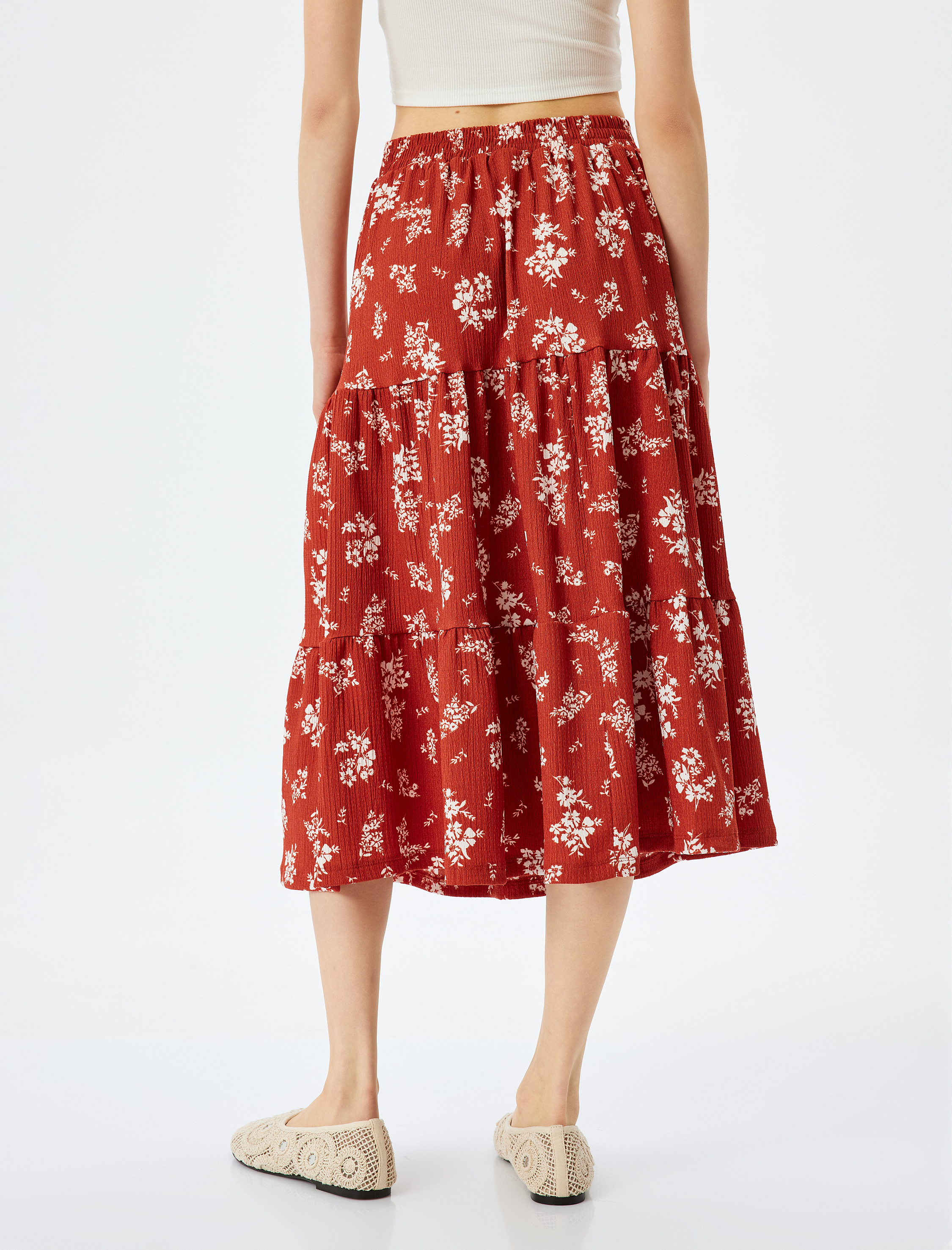   Katlı Çiçekli Volanlı Yüksek Bel Midi Etek Bürümcük