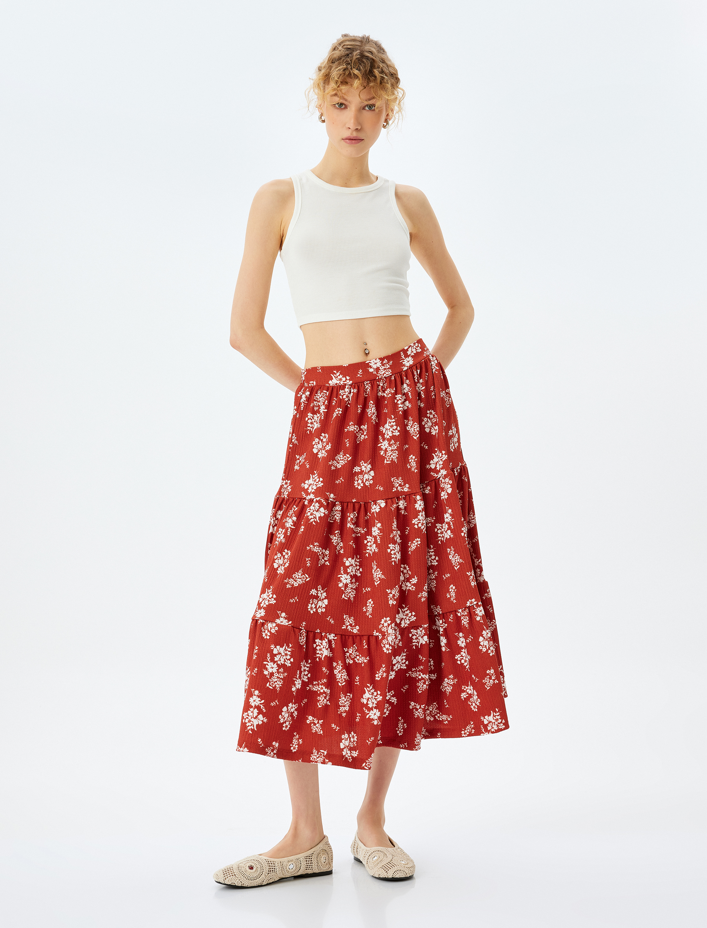   Katlı Çiçekli Volanlı Yüksek Bel Midi Etek Bürümcük